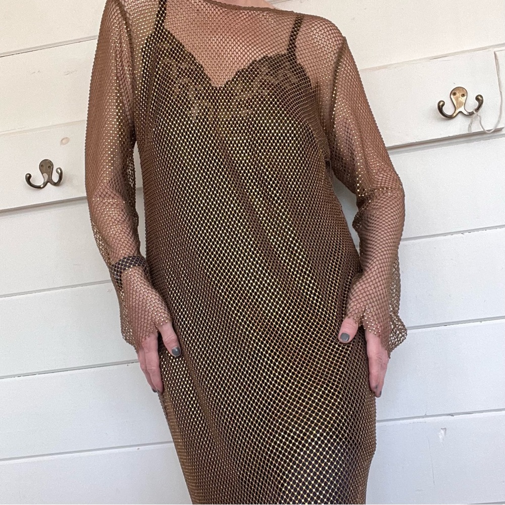 Gianni Bini Sheer Metallic Mesh Long Sleeve Dress/ Cover Up - Bronze. Sz 12.